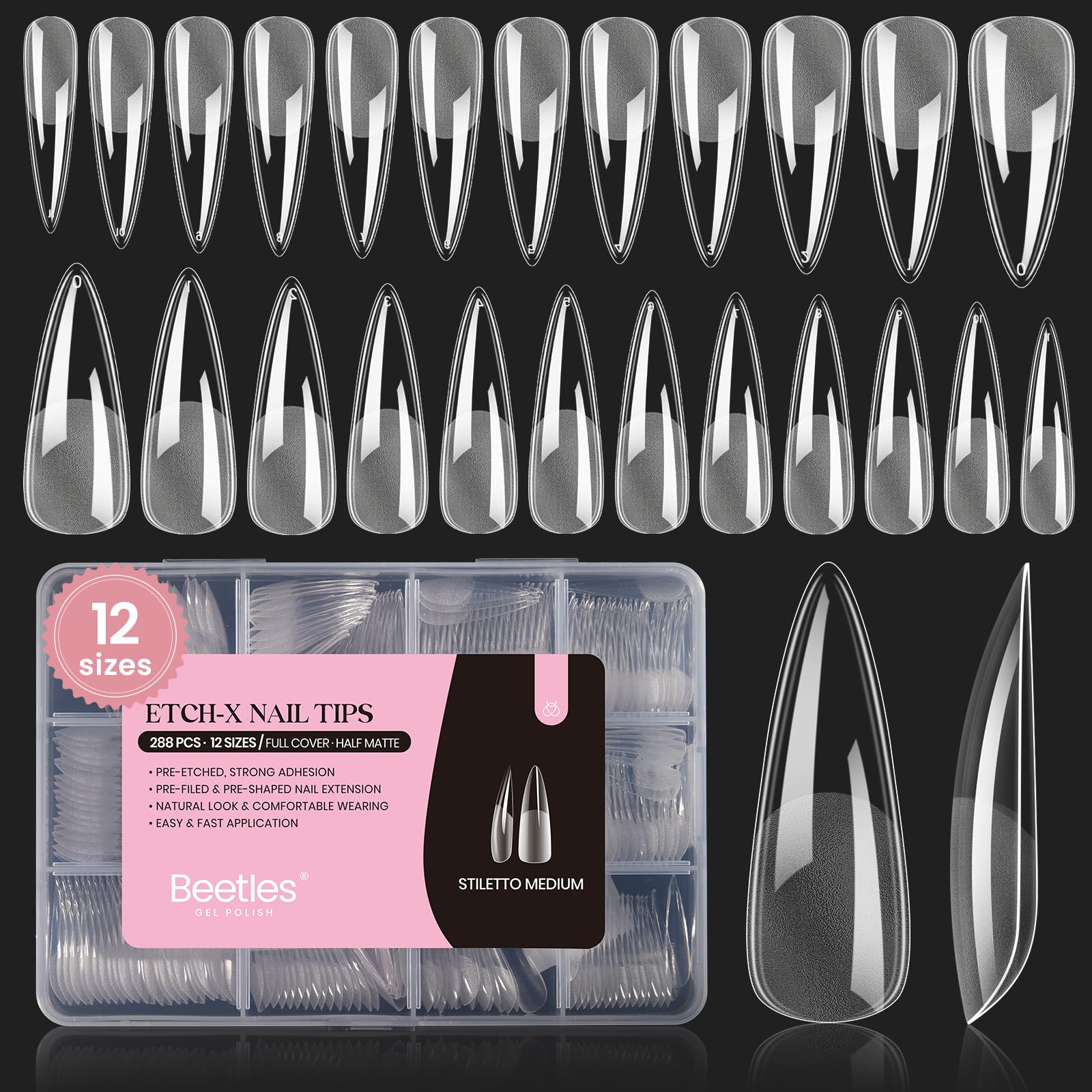 Beetles Gel Nail Tips Stiletto Medium, full cover for easy DIY extensions