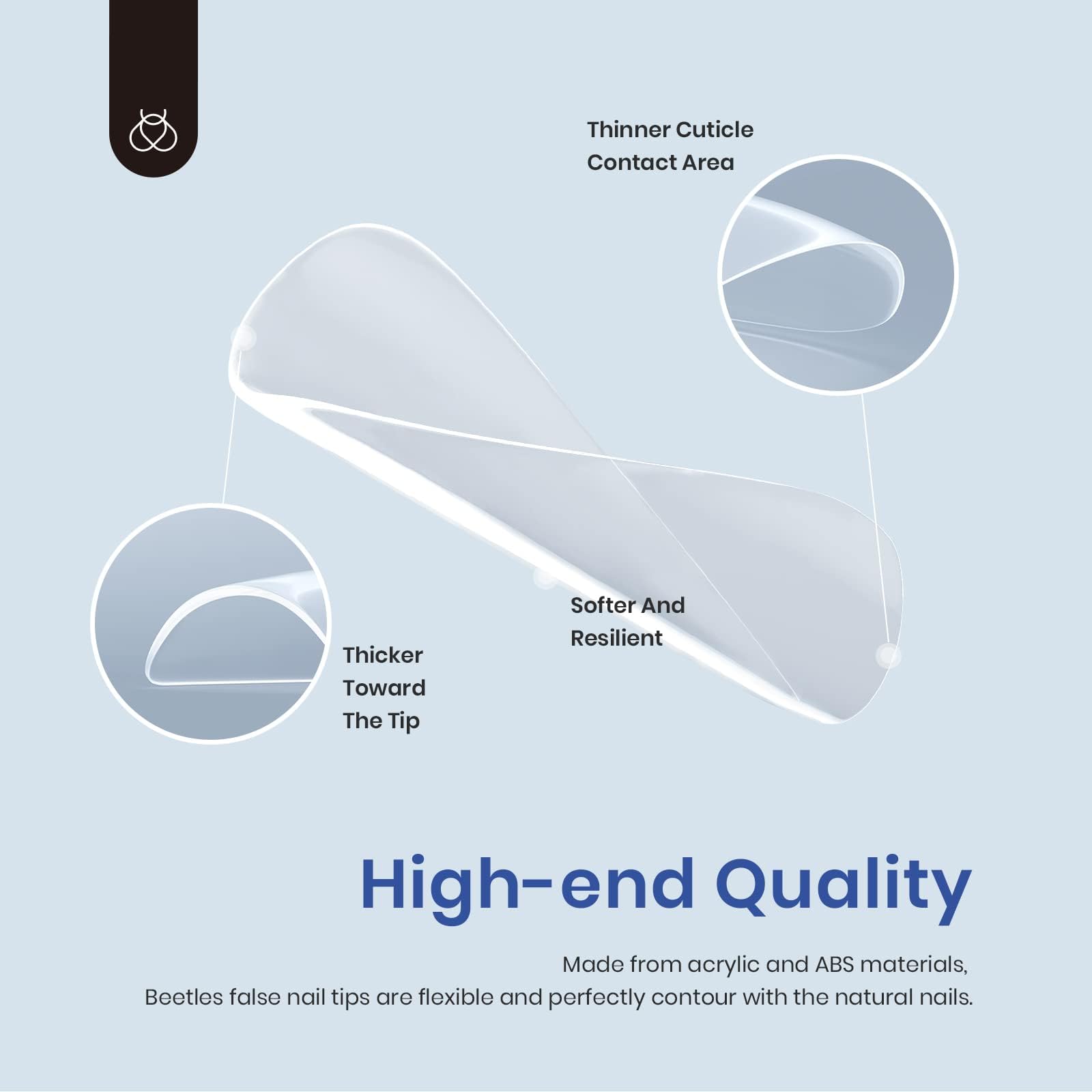 Beetles PMMA nail tips size 0-9 arranged for a precise fit.