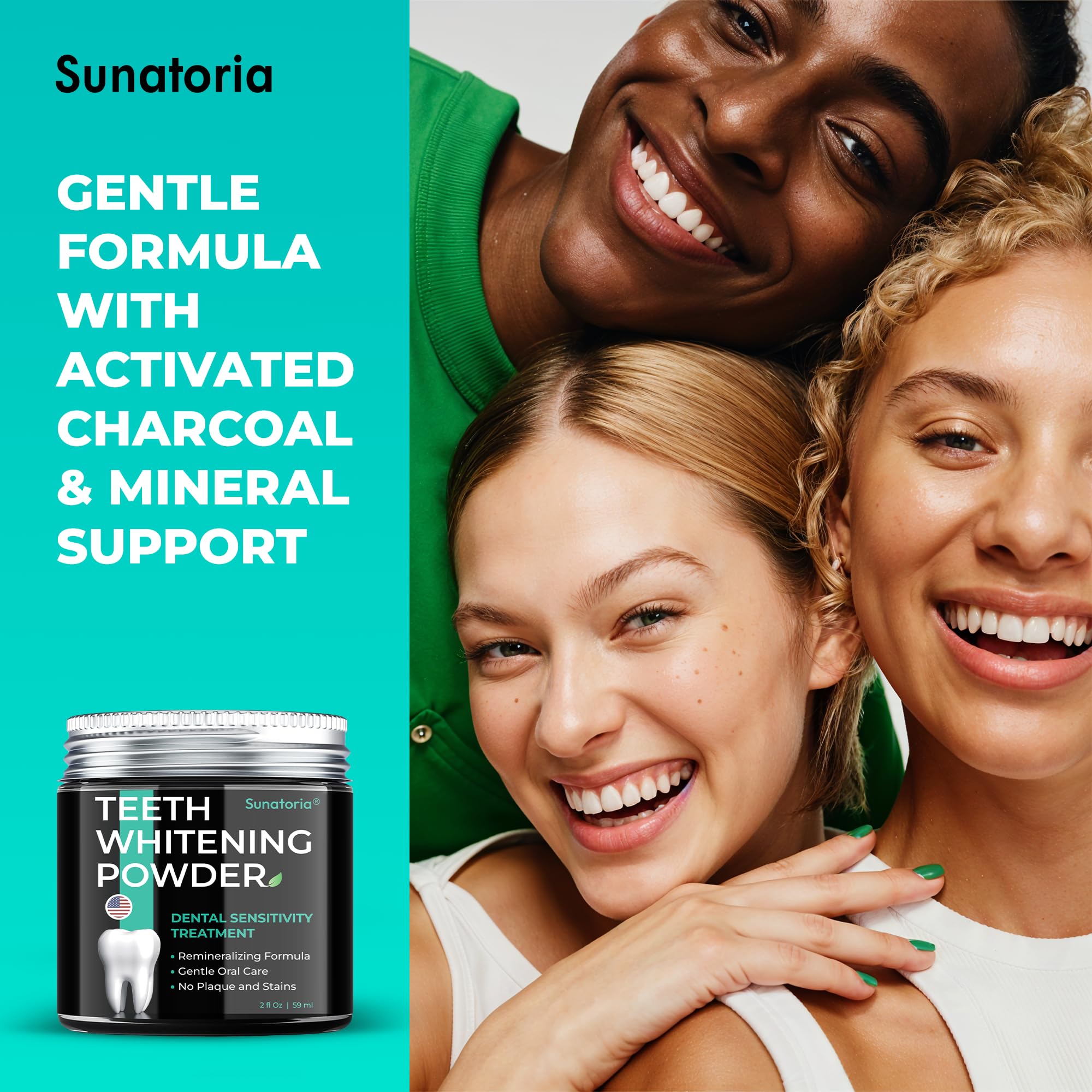 Before and after smile comparison featuring the powder