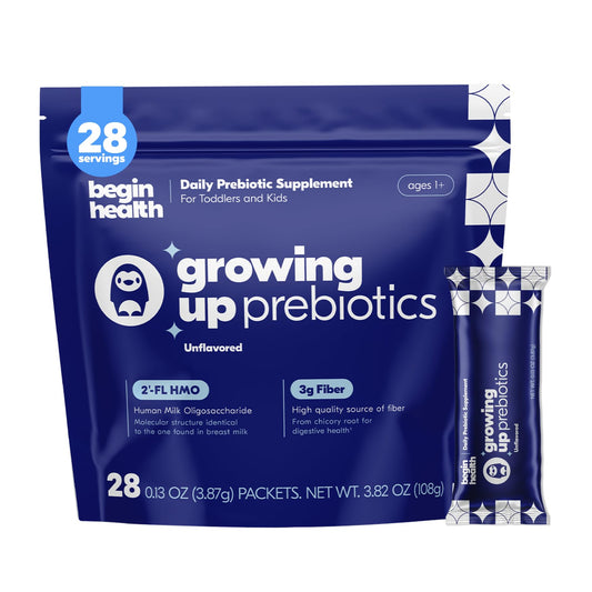 Box front of Begin Health Growing Up Prebiotics for Kids 28-pack
