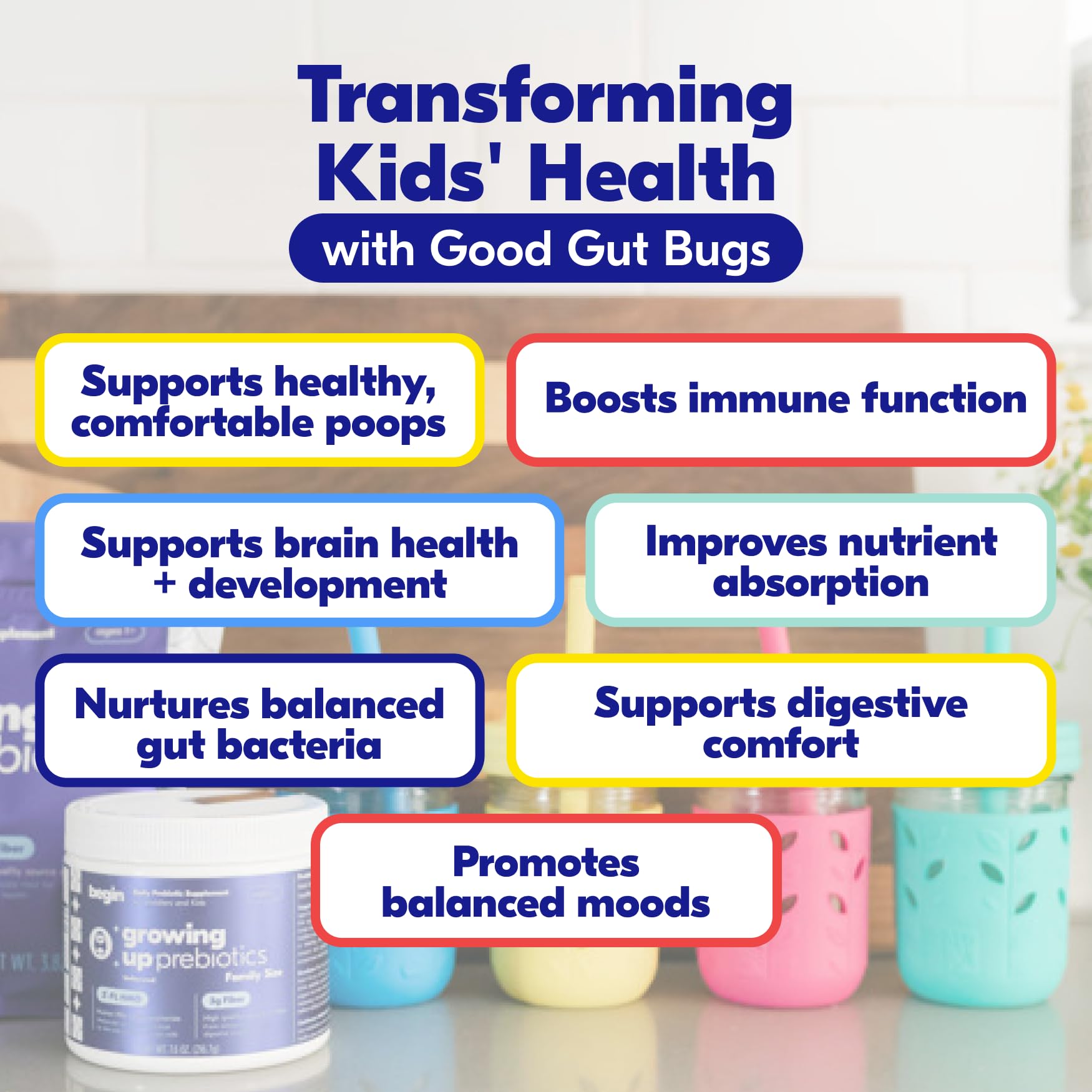 Begin Health Growing Up prebiotics scoop shown for daily dosing.