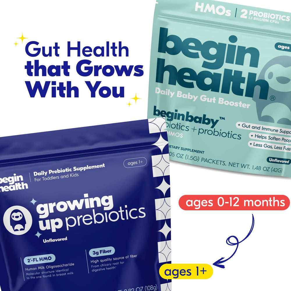 Begin Health Growing Up prebiotics packaging indicates USA-made quality.