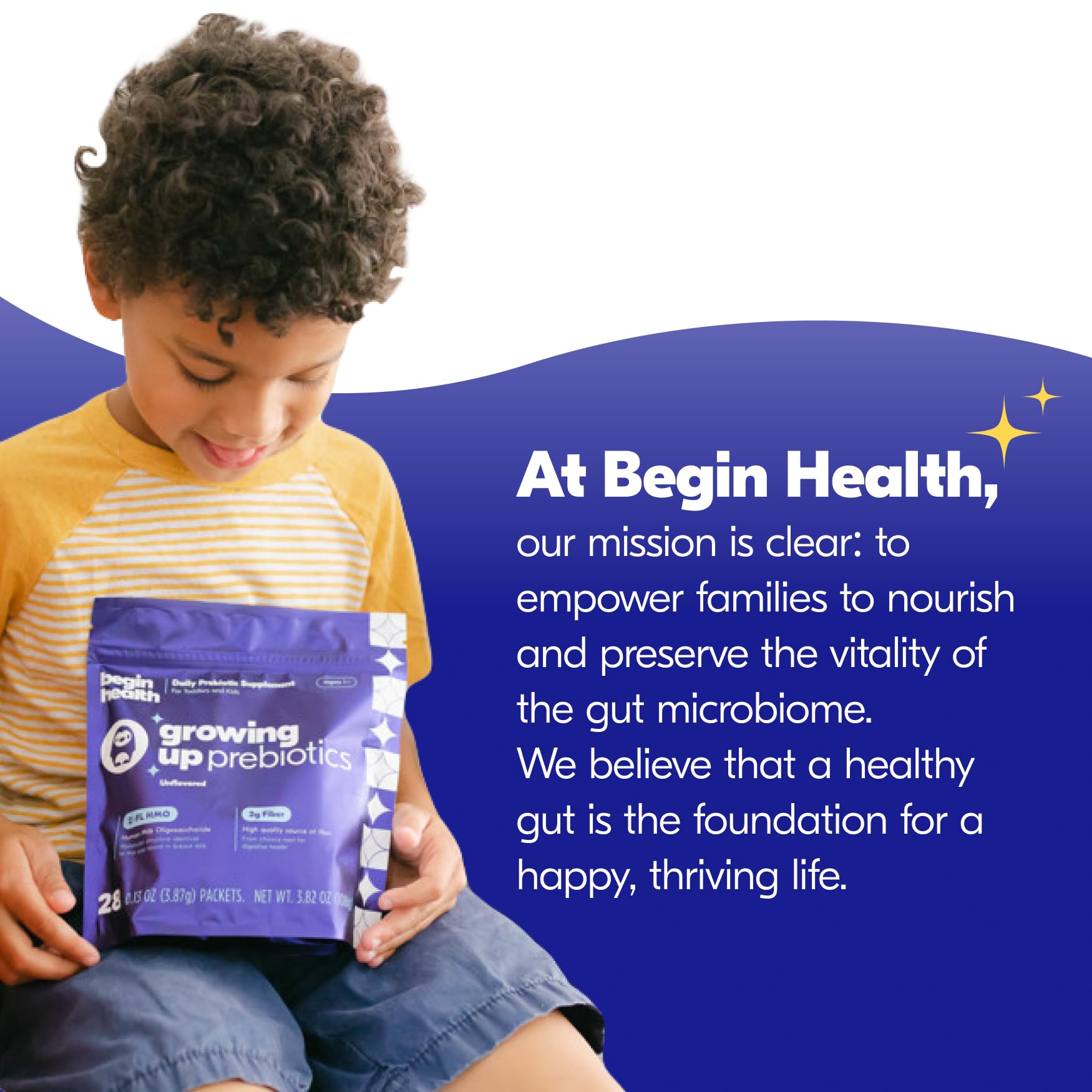 Begin Health Growing Up prebiotics product box on kitchen counter.
