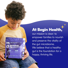 Begin Health Growing Up prebiotics product box on kitchen counter.