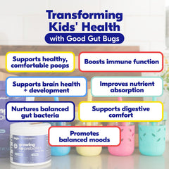 Begin Health Growing Up Prebiotics packaging highlights USA-made quality and testing.