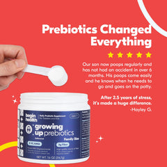 Begin Health Growing Up Prebiotics unflavored powder; disappears in yogurt or smoothies
