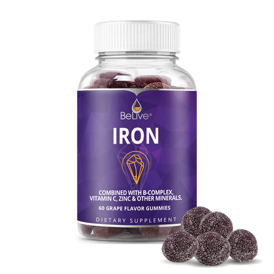 BeLive Iron Gummies bottle with grape flavor label