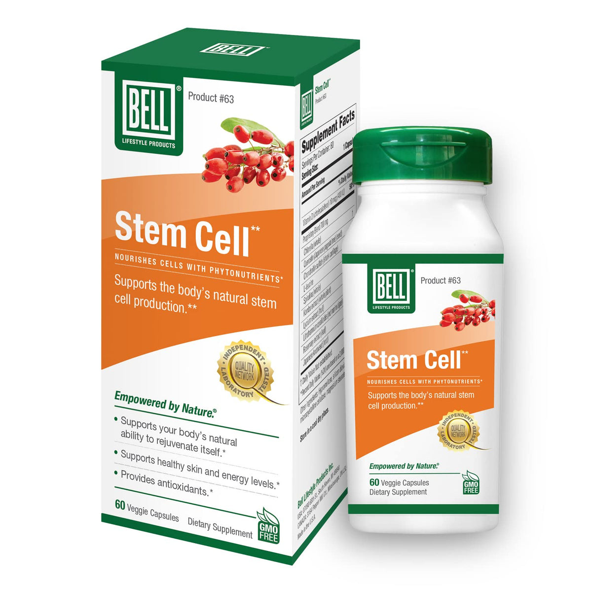 Bottle of Bell Stem Cell Supplements with label on white background