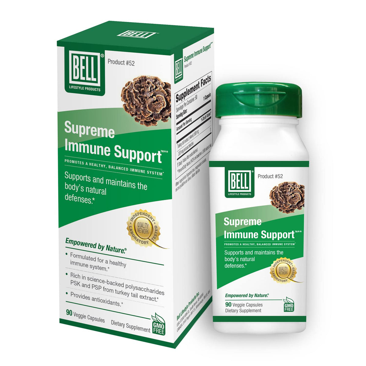 Bell front packaging showing bottle and 90 capsules, reassuring quality