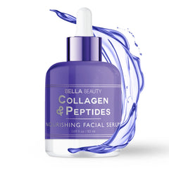 Bella Beauty Collagen & Peptides Serum bottle close-up for hydrated, glowing skin.