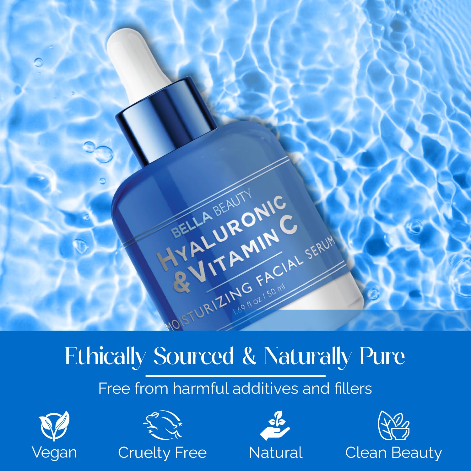Bella Beauty Hyaluronic Acid Serum ingredients visual highlighting hydration and Vitamin C.