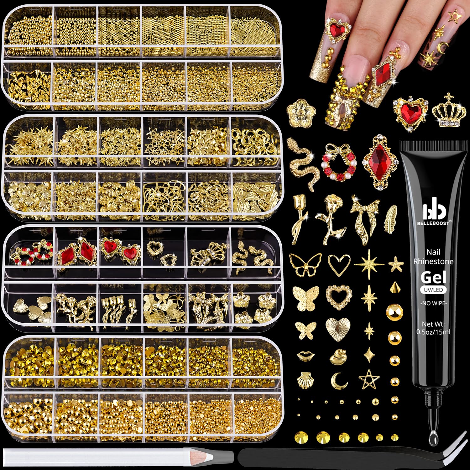 BELLEBOOST flatback gold nail pearls and rhinestones for versatile nail art designs