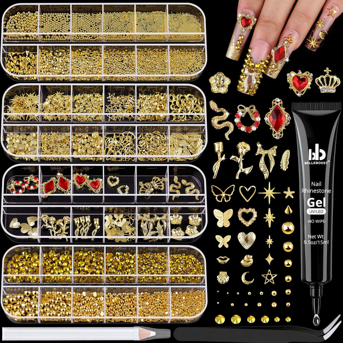 BELLEBOOST flatback gold nail pearls and rhinestones for versatile nail art designs