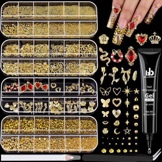 BELLEBOOST flatback gold nail pearls and rhinestones for versatile nail art designs