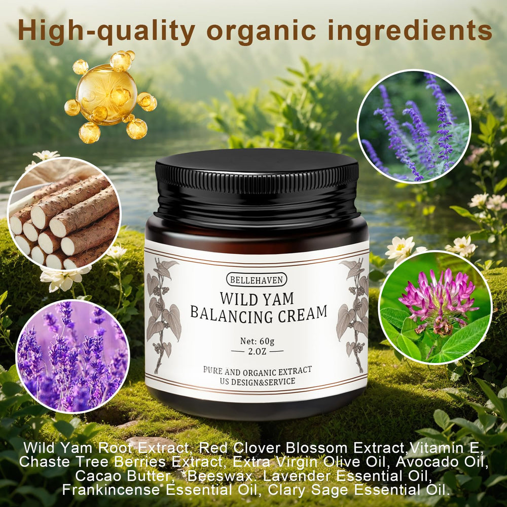 BelleHaven Wild Yam Cream lavender scent evokes relaxing nighttime skincare ritual.