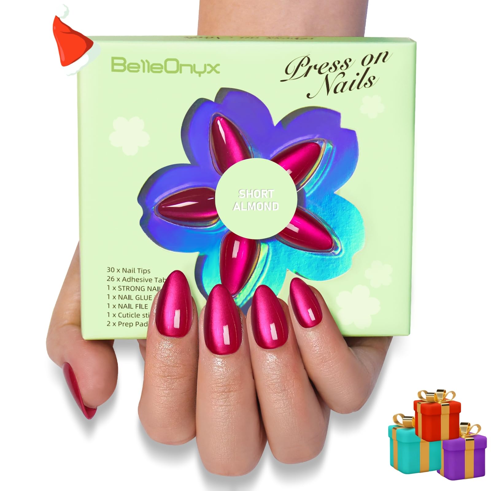 BelleOnyx press-on nails in hot pink cat-eye finish for quick, chic nails.
