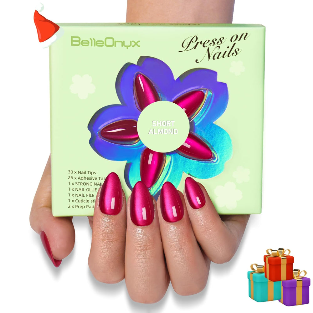 BelleOnyx press-on nails in hot pink cat-eye finish for quick, chic nails.