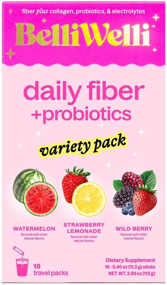 Belli Welli Daily Fiber Packets packaging featuring collagen and probiotics