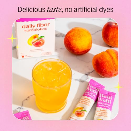 Travel stickpack showing probiotic fiber powder Peach Mango