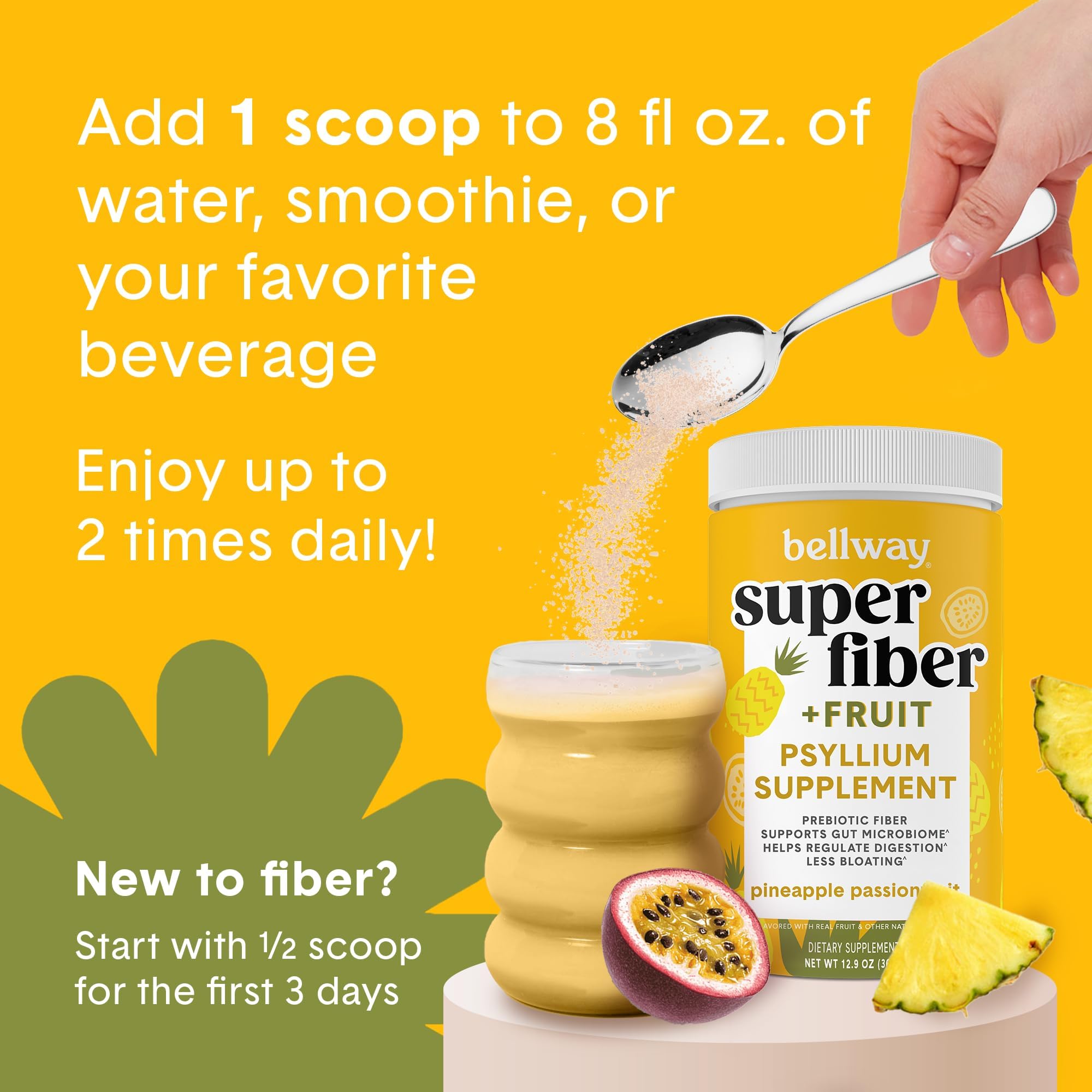 Close-up of pineapple-flavored fiber powder in a scoop