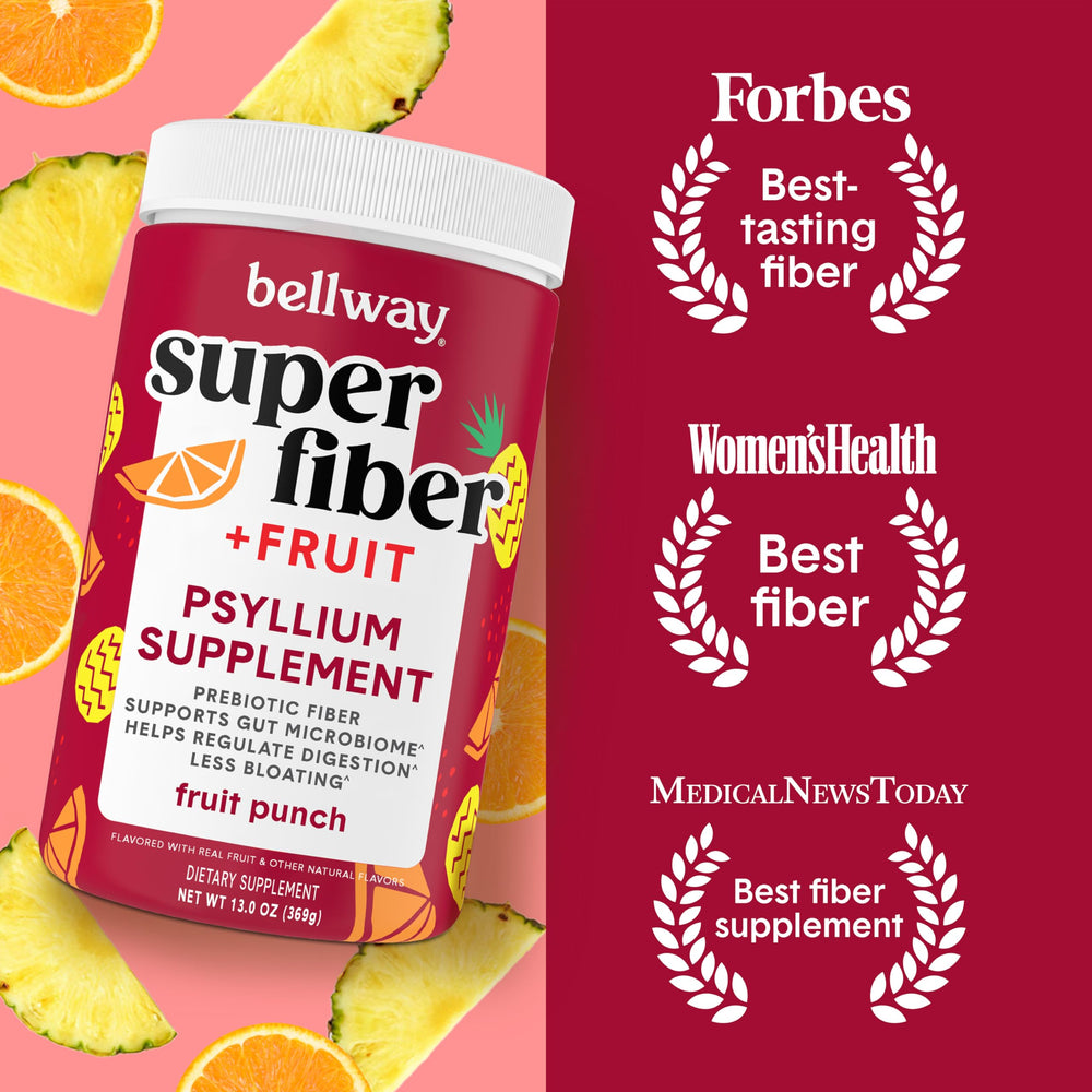 Bellway Super Fiber Fruit Punch glass with powder dissolves smoothly for regularity.