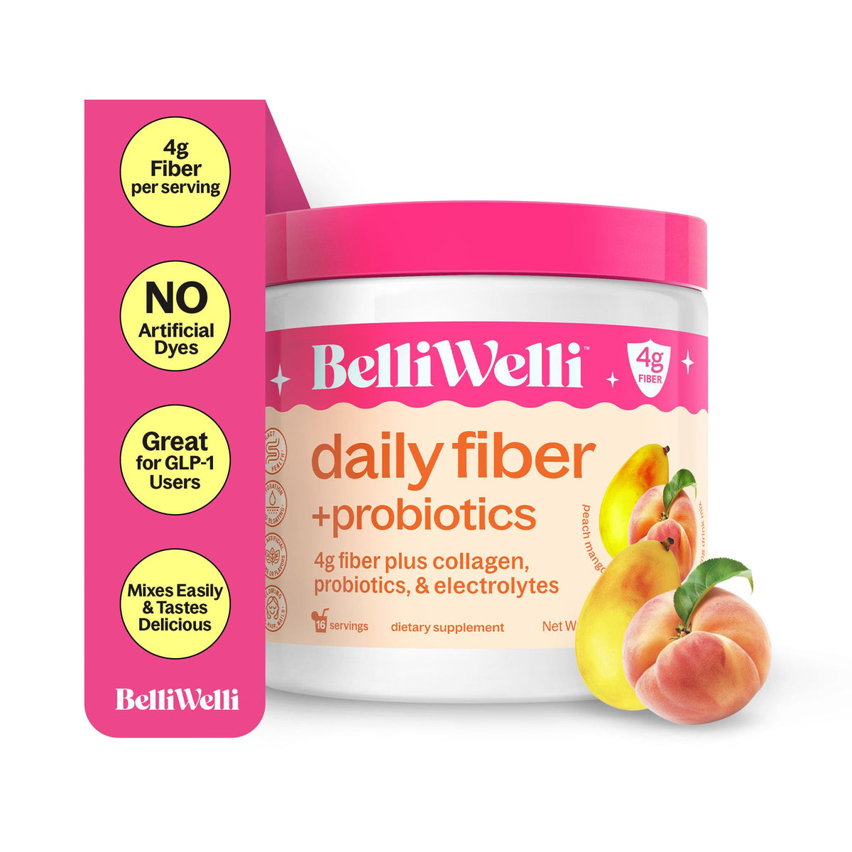 BelliWelli Fiber supplement bottle with Peach Mango flavor