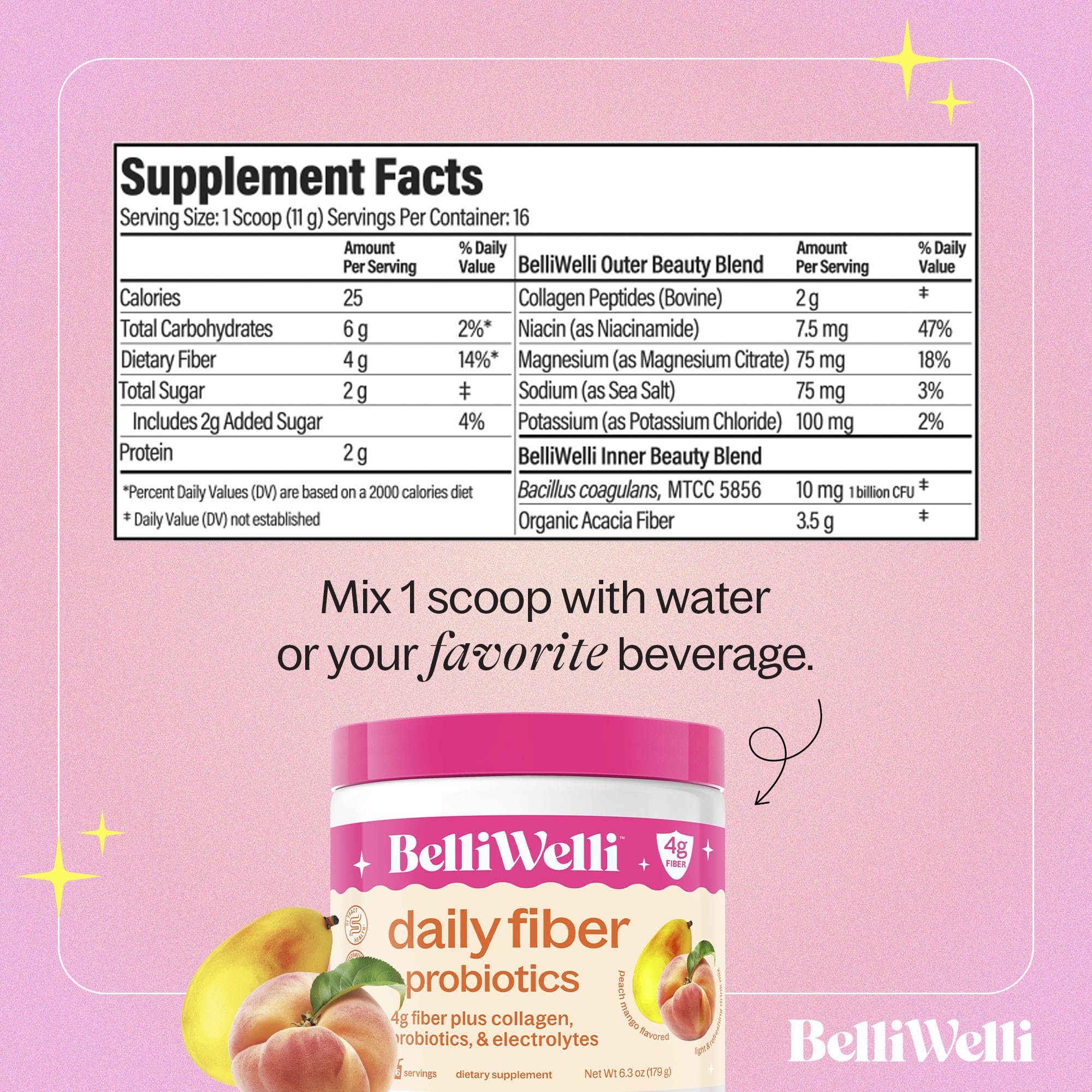 Product label showing Organic Acacia, Collagen, Electrolytes & Probiotics