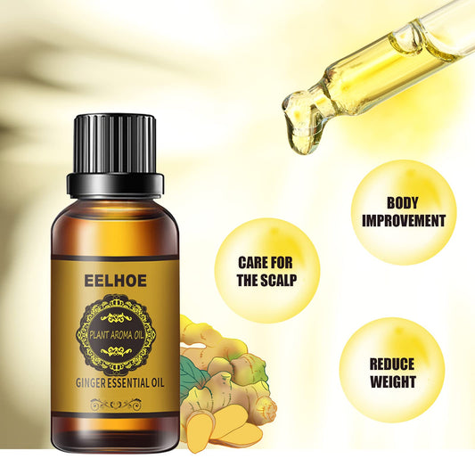 Ginger oil bottle with natural herbs including ginger, wormwood, and mint