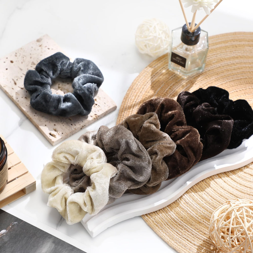 Bememo velvet scrunchies in neutral tones for daily outfits.