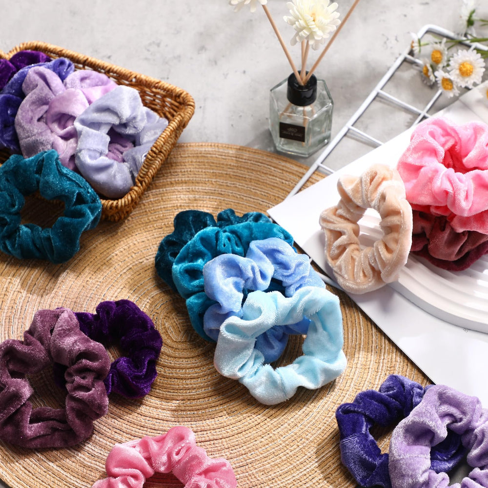 Bememo velvet scrunchies worn in hair add color and shine to styles.