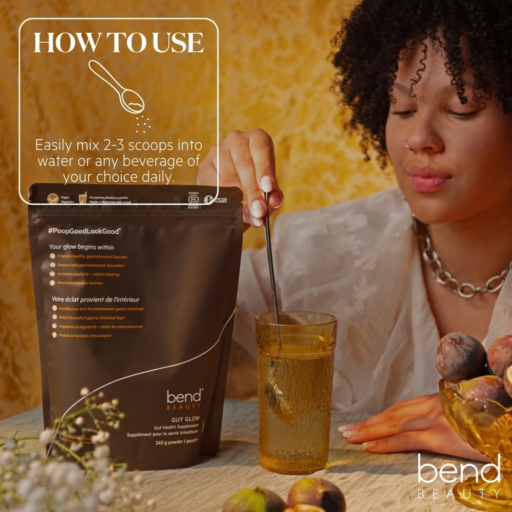 Lifestyle shot showing Gut Glow being mixed in a glass
