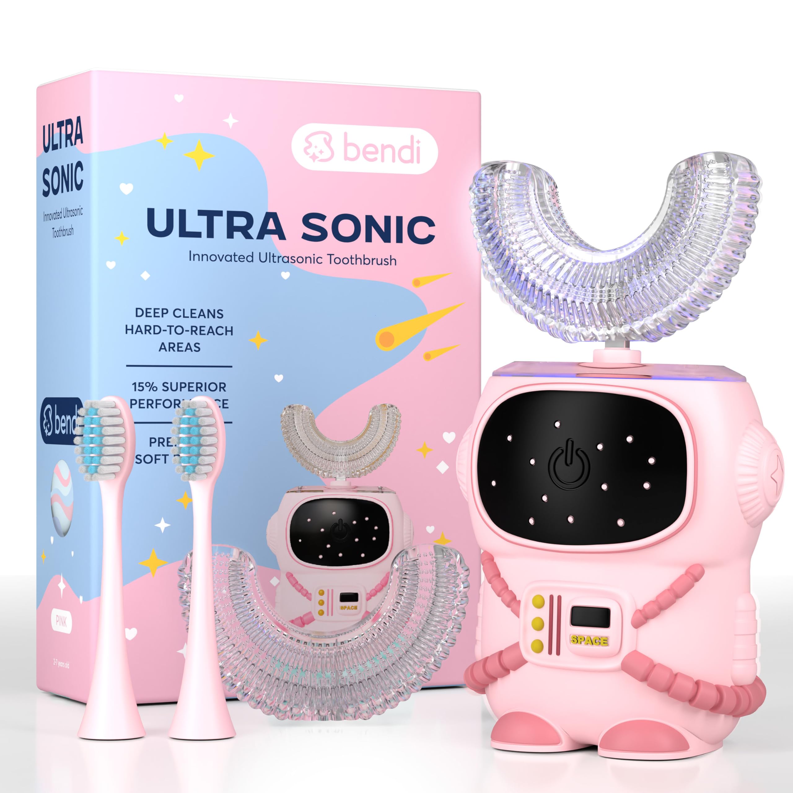 Bendi Sensory 360 U-shaped astronaut kids toothbrush pink front view