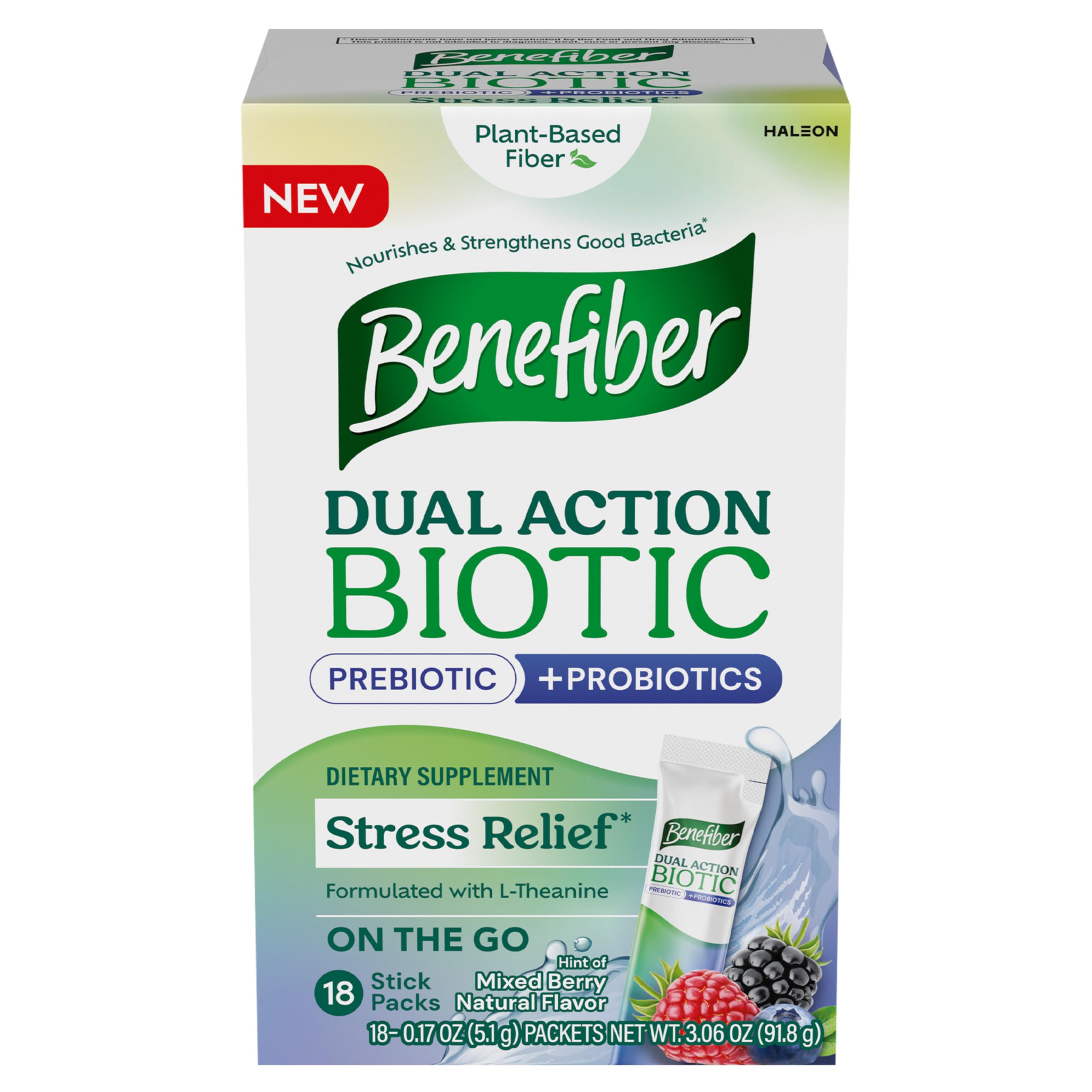 Front of Benefiber Dual Action Biotic Plus Stress Relief box, 18 count