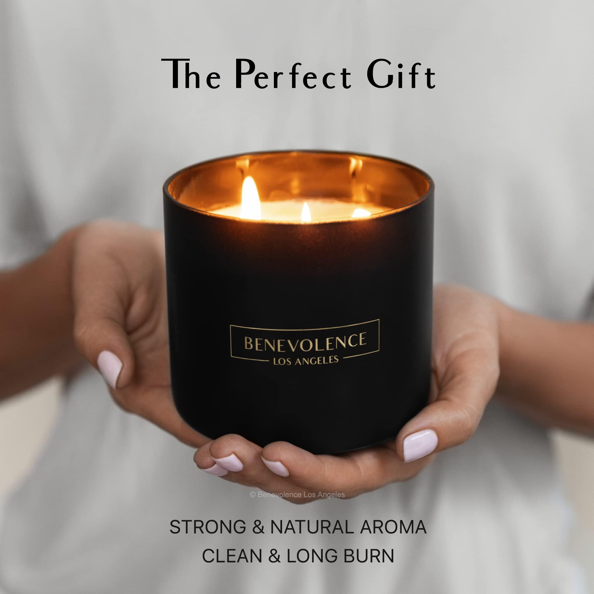 Holiday branded Benevolence LA candle packaging