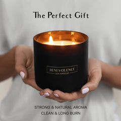 Holiday branded Benevolence LA candle packaging