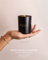Close-up label on Benevolence LA Bergamot & Jasmine 6oz soy candle