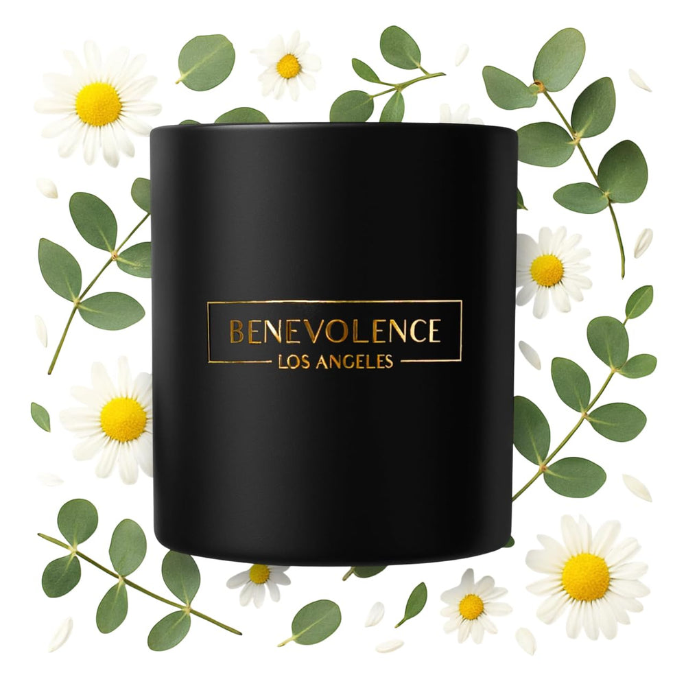 Benevolence LA Eucalyptus & Chamomile 8oz soy candle in black jar - front view