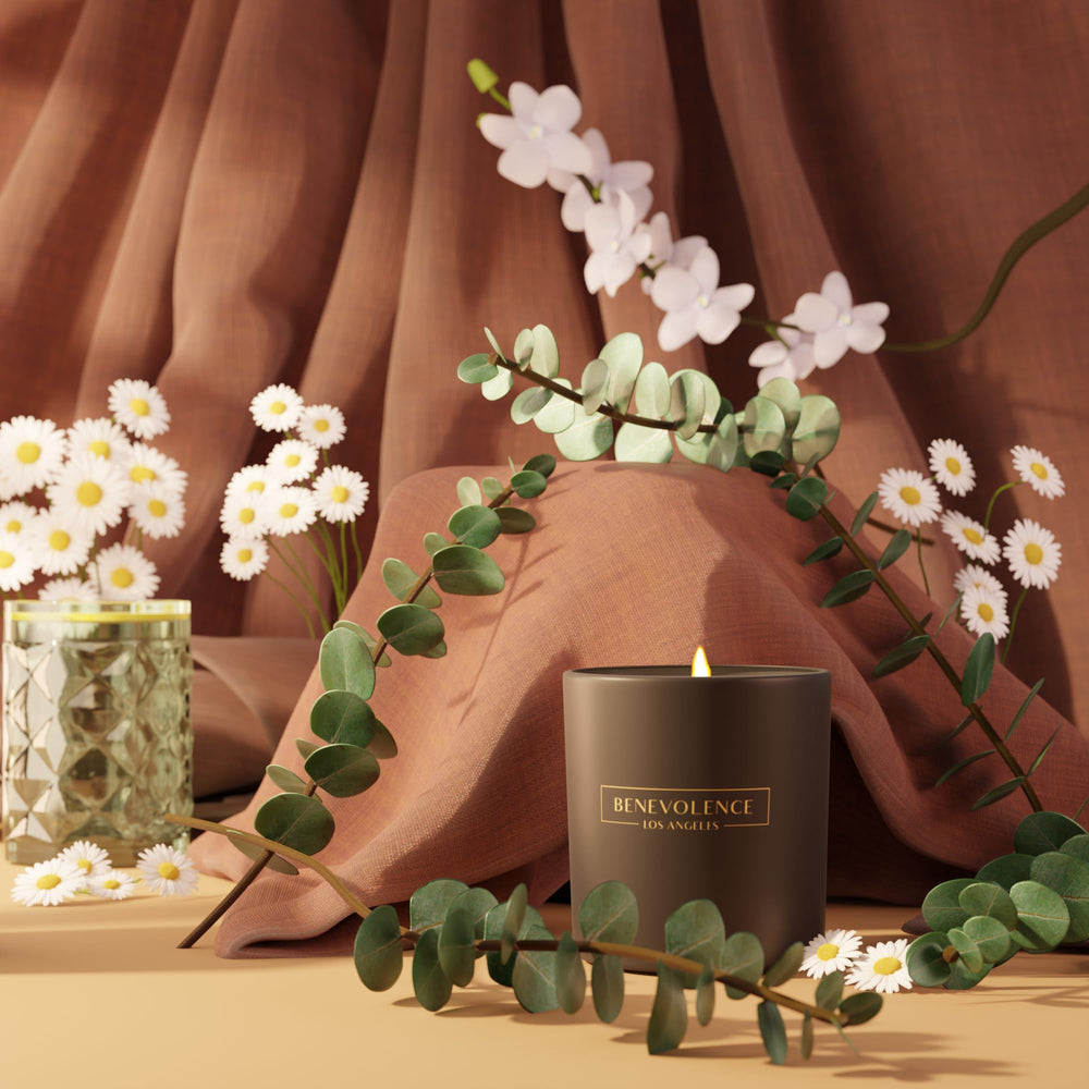 Close-up of candle label for Benevolence LA Eucalyptus & Chamomile