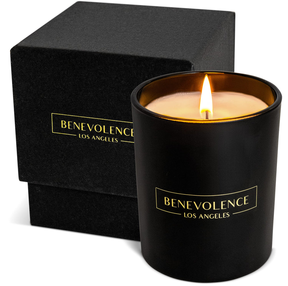 Close-up of Benevolence LA Lavender & Lilac 8oz black soy candle label