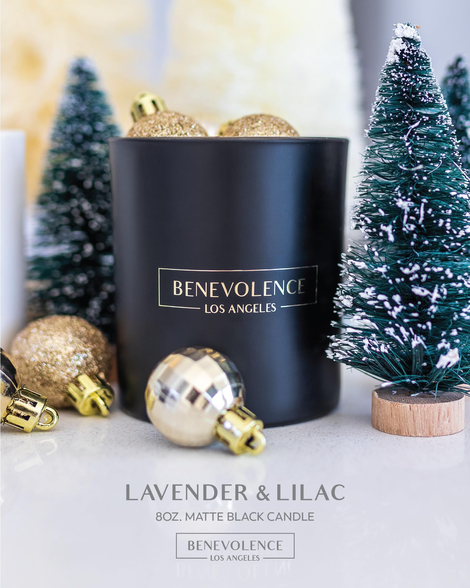 Side view of 8oz black soy candle with lavender and lilac scent