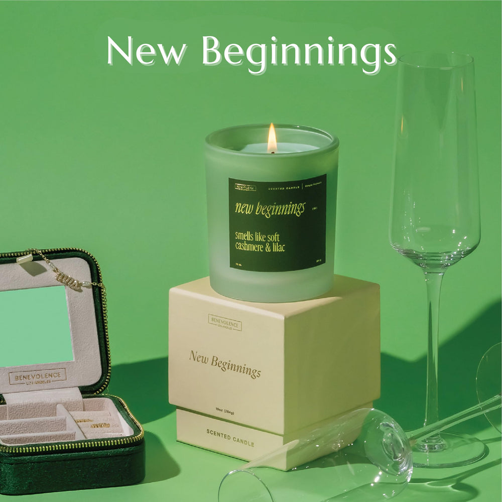 Close-up of New Beginnings candle with cashmere and lilac notes