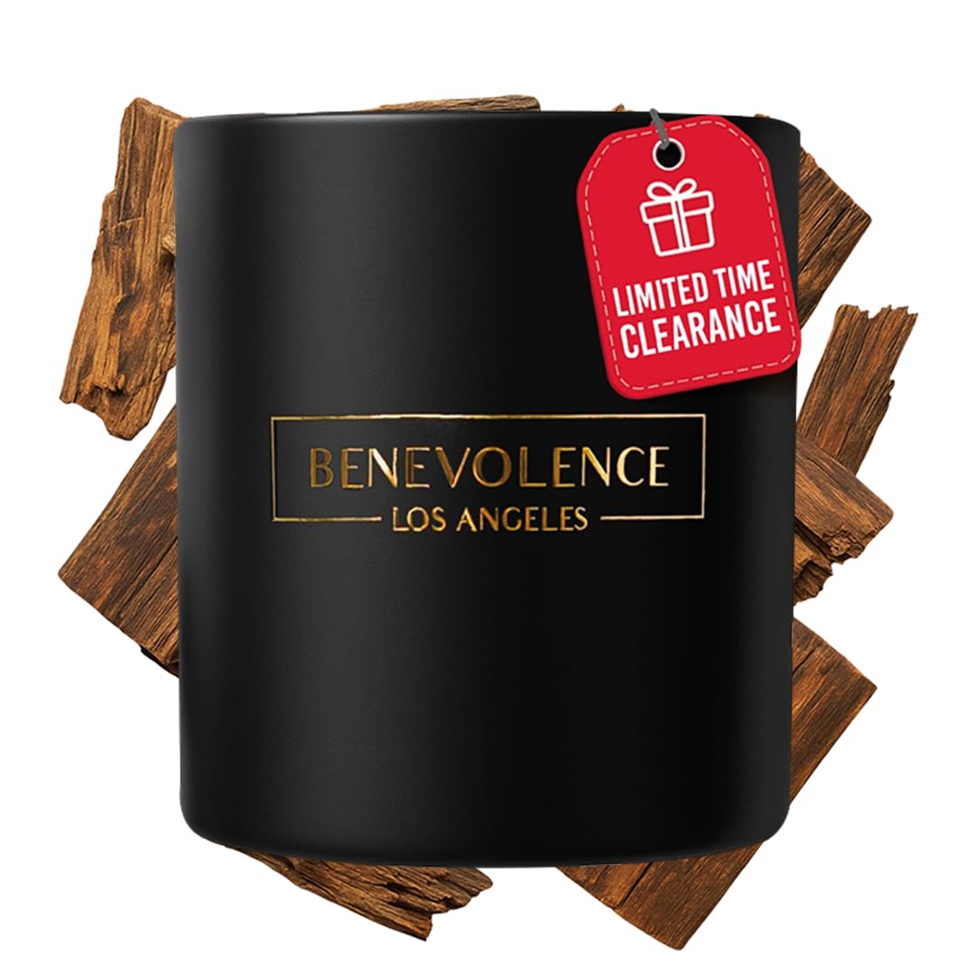 Hero shot of Benevolence LA Oud Wood Christmas Scented Candle in a black 8oz jar