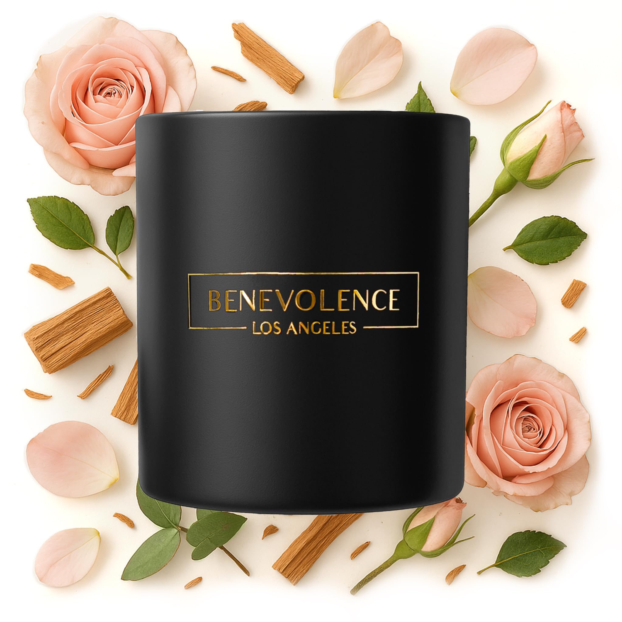 Benevolence LA Rose & Sandalwood candle in a black 8oz jar