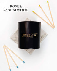 8oz black jar candle displaying rose and sandalwood notes
