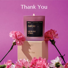 10 oz soy candle in glass jar labeled Thank You