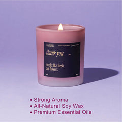 Fragrance concept illustrating fresh cut flowers for Thank You candle