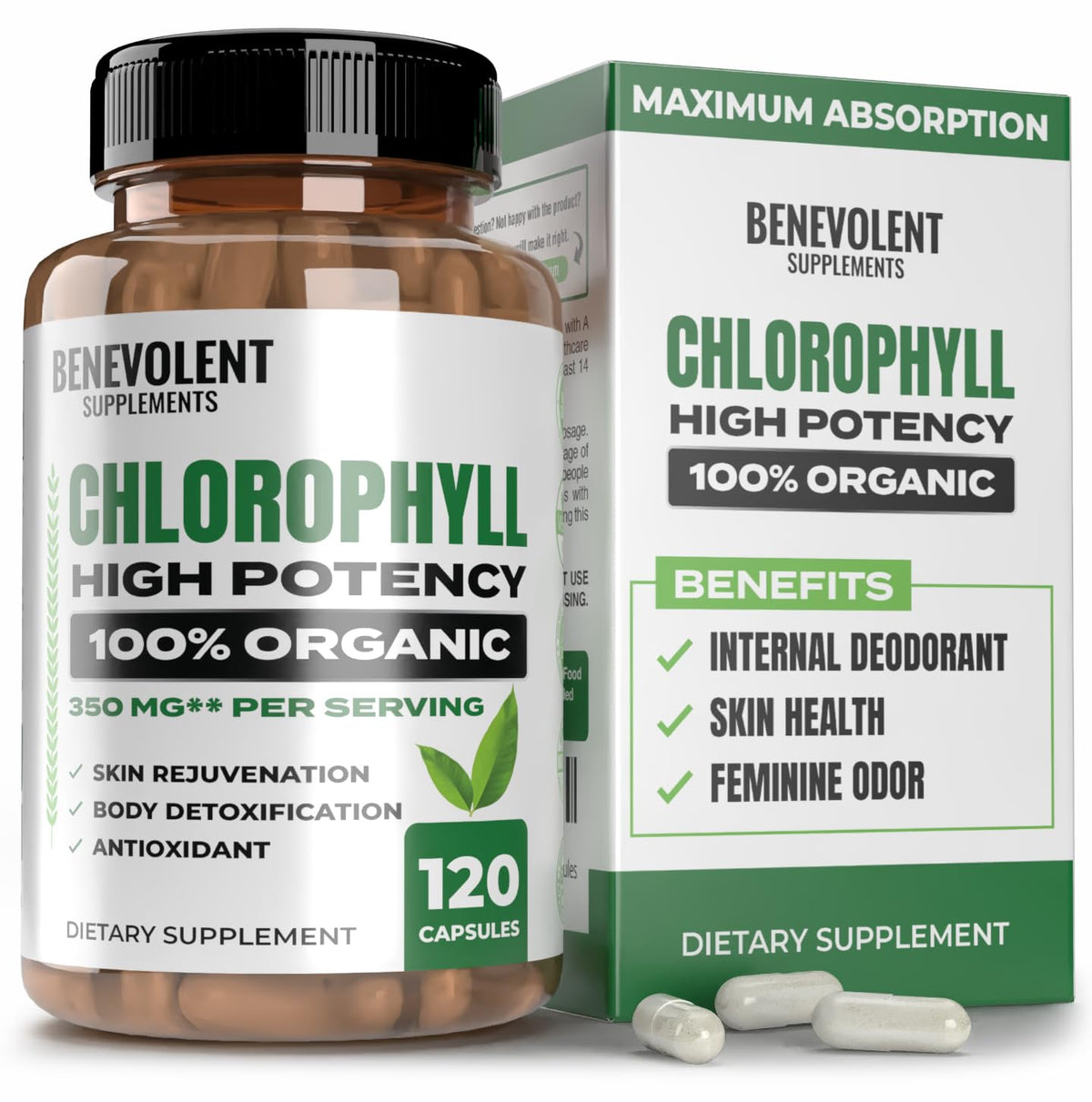 Front view of Benevolent Chlorophyll Capsules bottle with 120 capsules