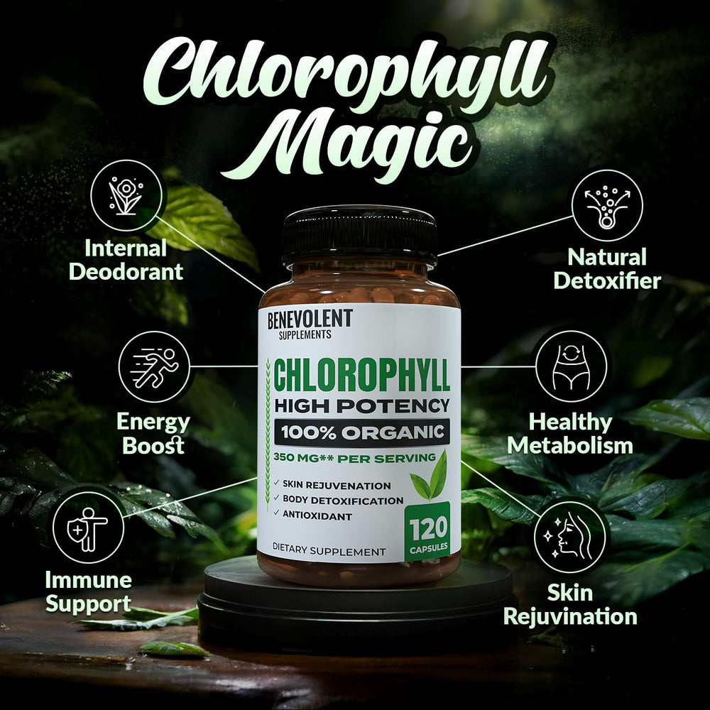 Close-up of product label showing 350 mg chlorophyll per capsule