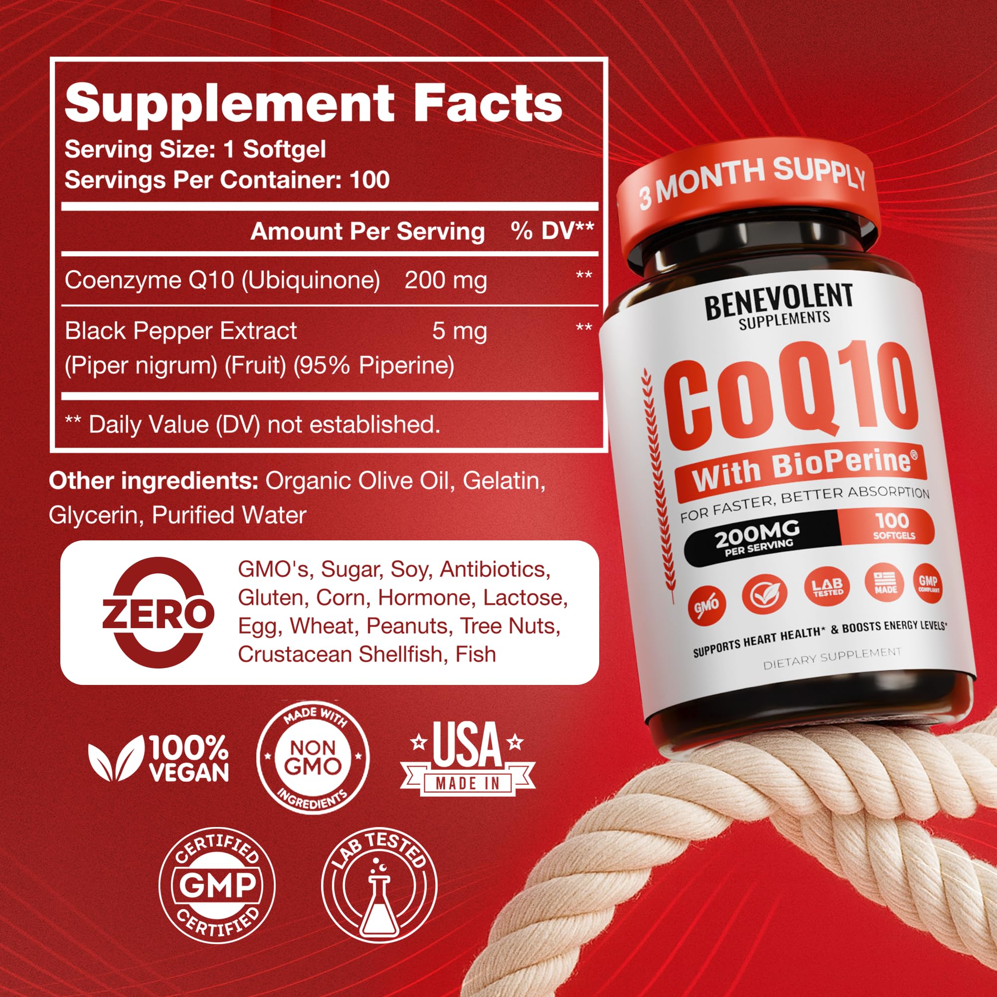 Back label of Benevolent CoQ10 200mg Softgels with supplement facts