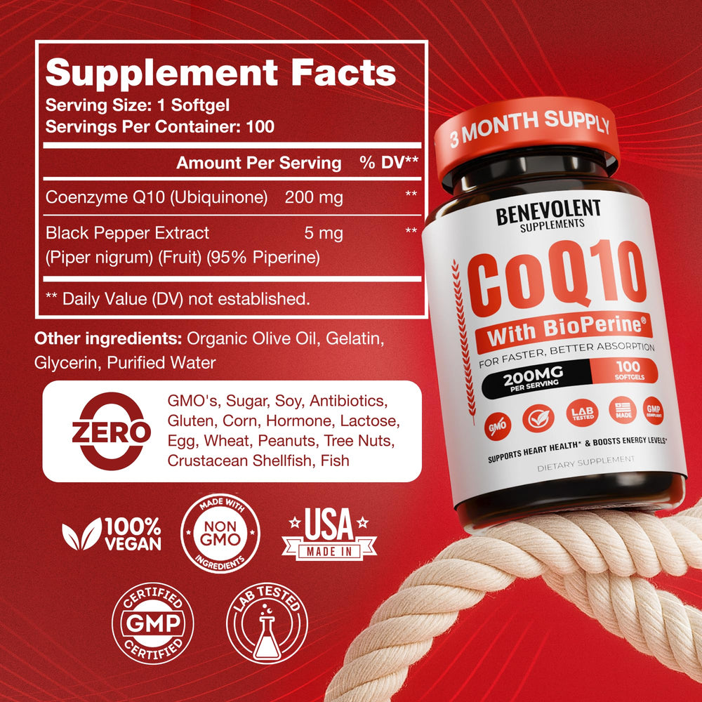 Back label of Benevolent CoQ10 200mg Softgels with supplement facts